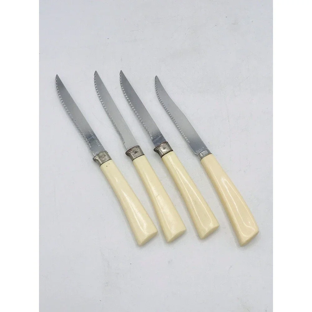 Lot of 4 VTG Stainless Ivory Handle Kitchen Steak Knives 3 Forgecraft 1 Quikut